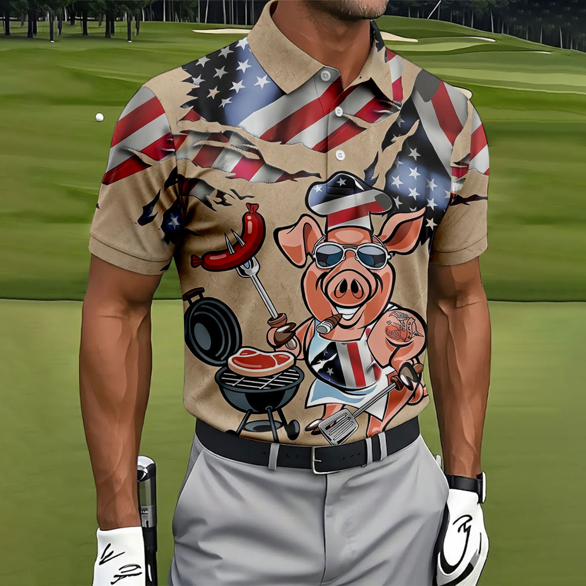 Patriotic American Flag Funny BBQ 250th Anniversary Dark Beige Polo ShirtFor Men, Golf Shirts For Men