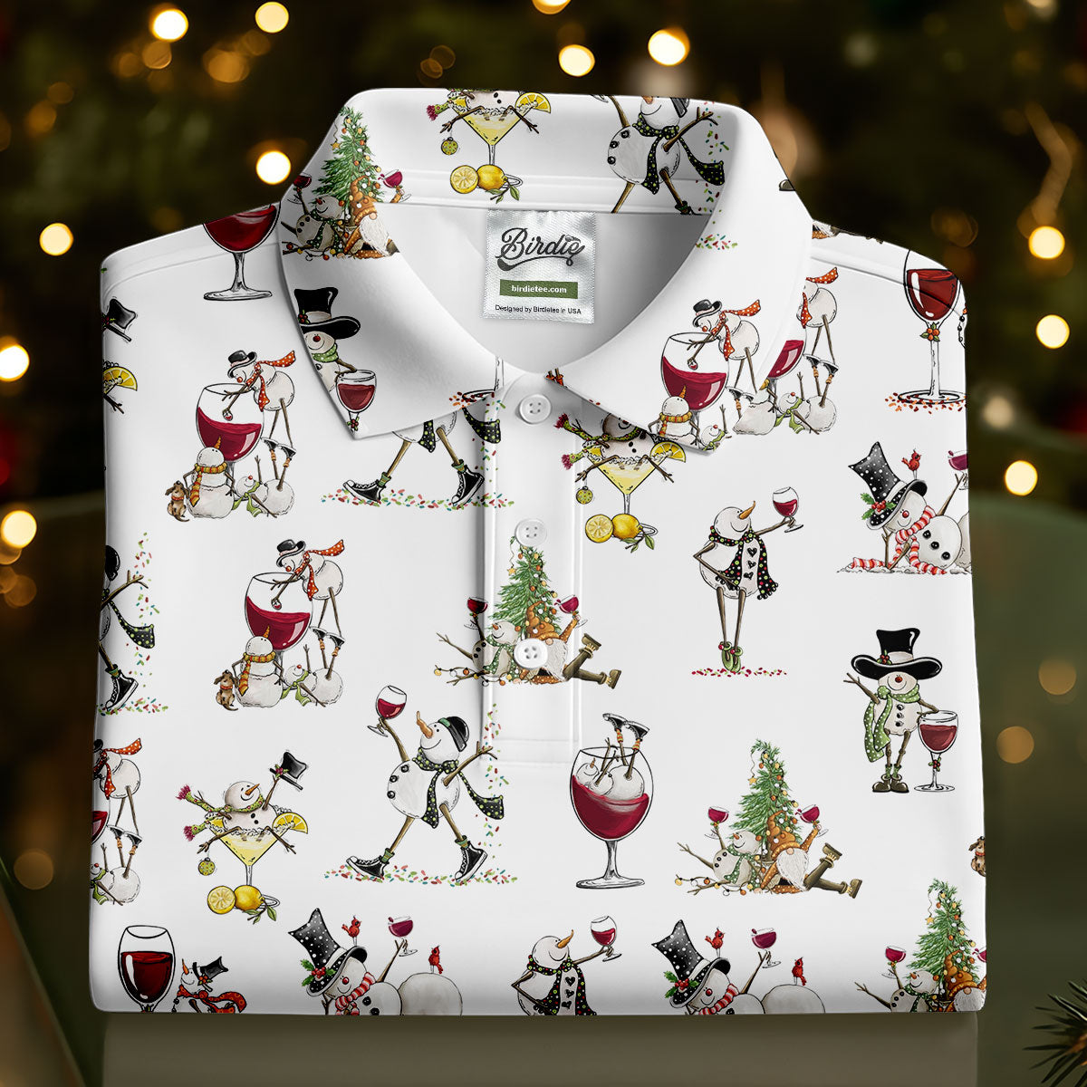 Funny Snowman Drinking Wine White Golf Shirt, Christmas Golf Shirt, Polo ShirtFor Men, Golf Gift For Men