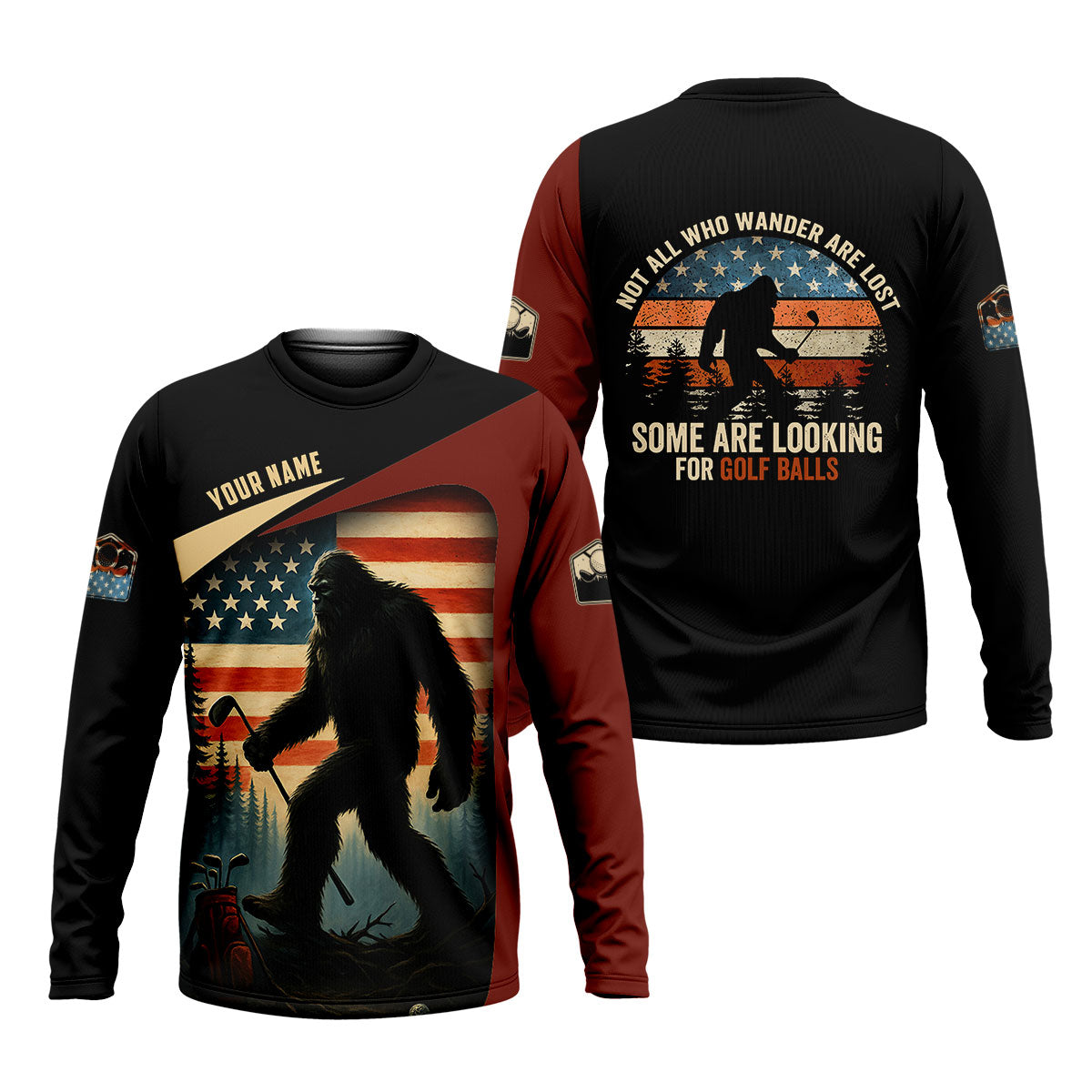 Bigfoot Golf Shirt, Patriotic Golf Polo Shirt Men's Long Seeve Golf Shirts, Golf Gifts For Men