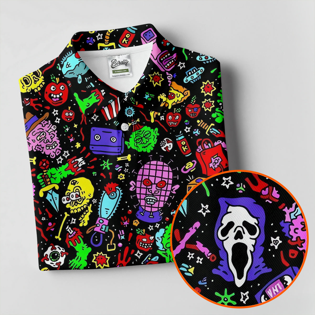 Halloween Horror Character Doodle Hawaiian Golf Shirt, Women's Golf Polo, Printed Golf Shirt