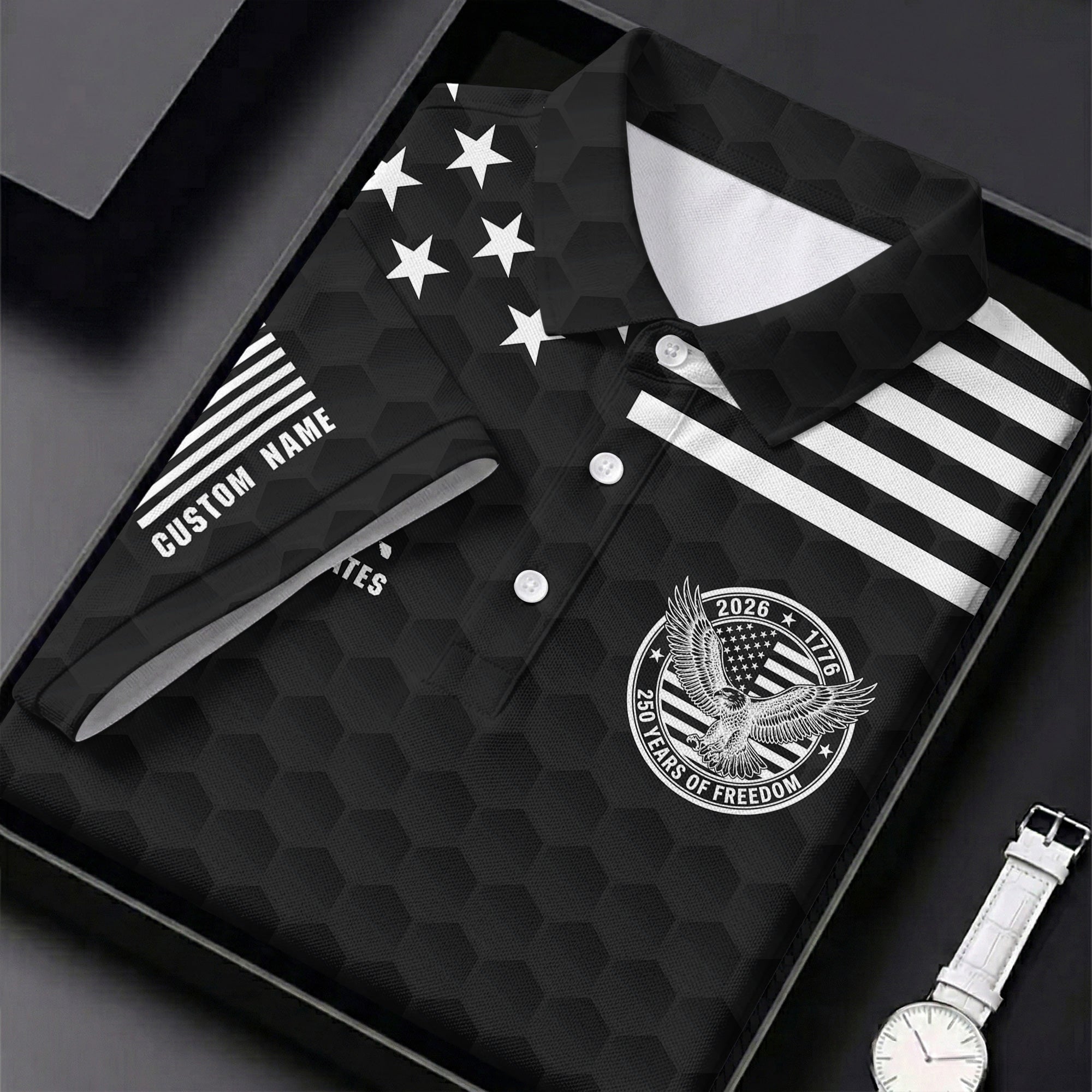 250 Years Of Freedom Golf Ball Pattern Black Golf Shirt, 4th Of July Patriotic Golf Shirt For Women