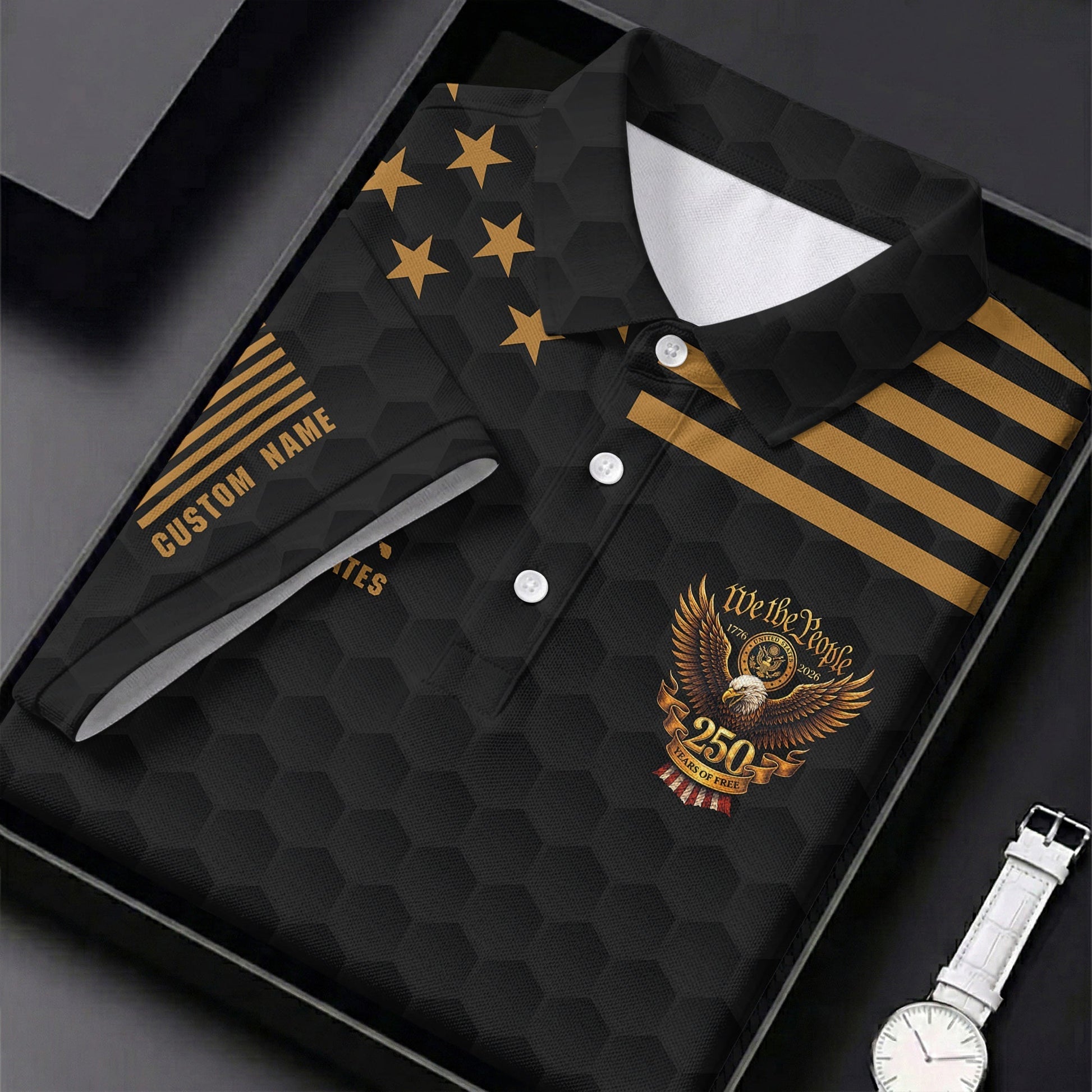 We The People 250 Years Golf Ball Pattern Black Golf Shirt, 4th Of July Patriotic Golf Shirt For Women