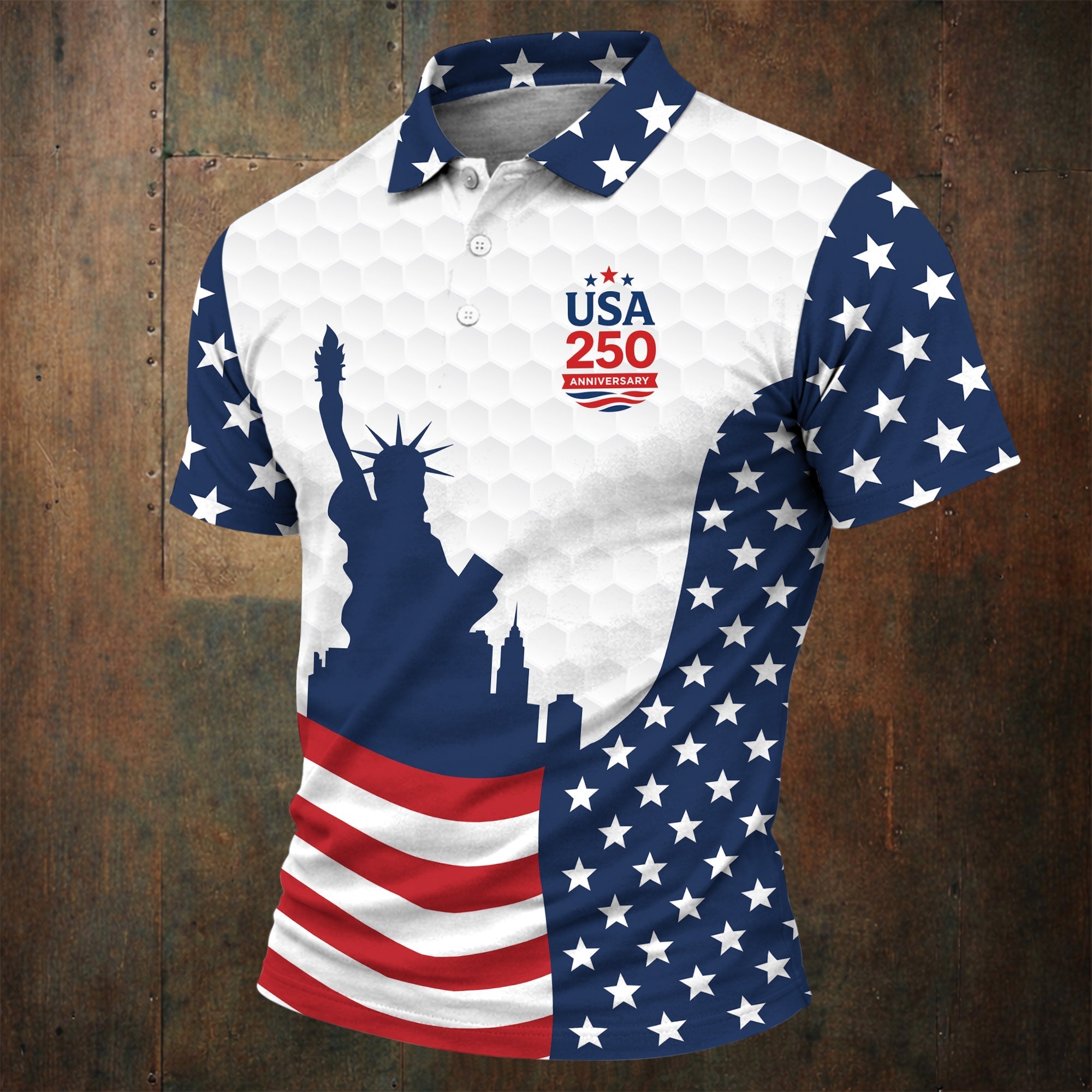 USA 250 Anniversary Silhouette Of Statue Of Liberty White Golf Shirt, 4th Of July Golf Shirts For Men