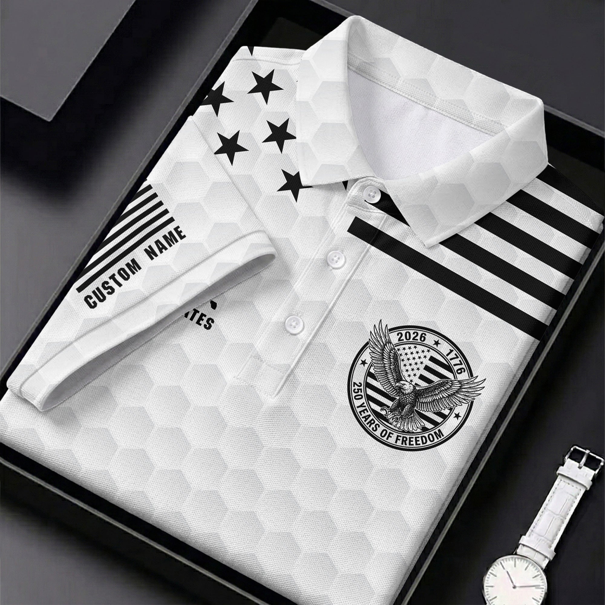 250 Years Of Freedom Golf Ball Pattern White Golf Shirt, 4th Of July Patriotic Golf Shirt For Women