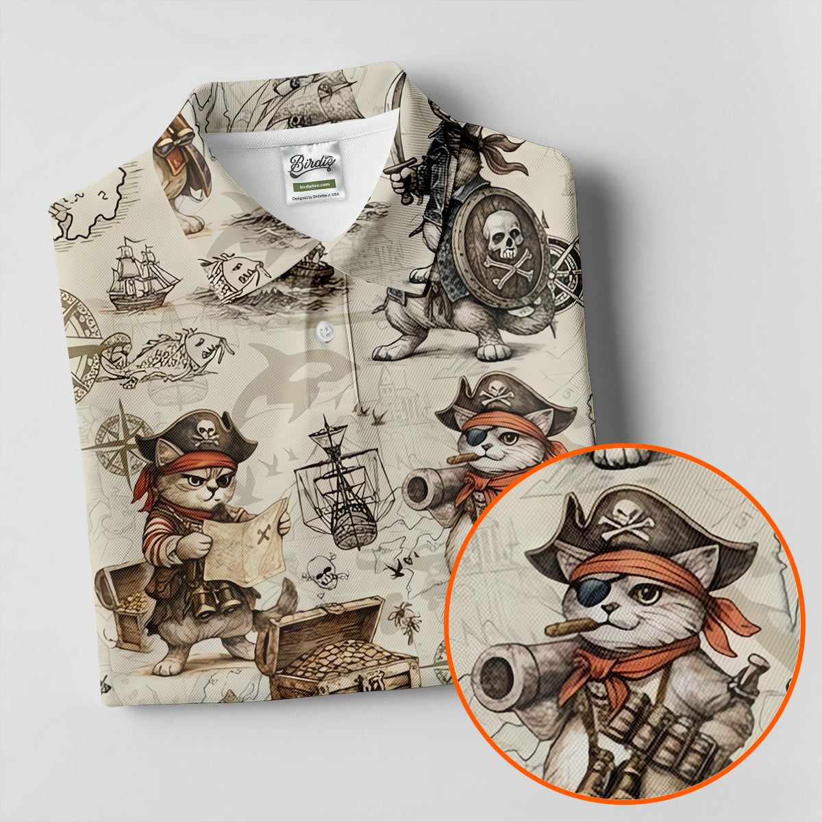 Vintage Pirate Cat Treasure Map Adventure Golf Shirt, Women's Golf Shirt, Golf Polo For Women, Golf Shirts For Women