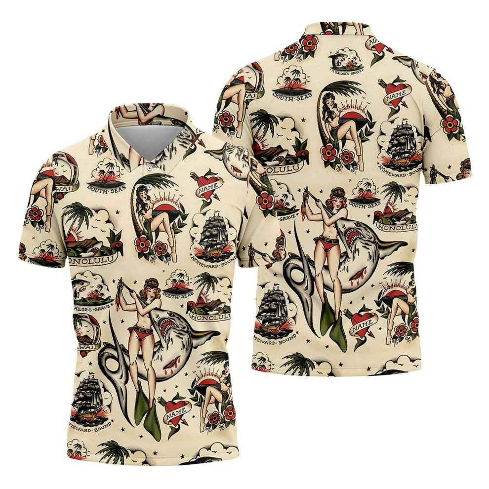 Vintage Hawaiian Pin Up Shark Tattoo Golf Shirt, Hawaiian Golf Shirt, Mens Golf Apparel