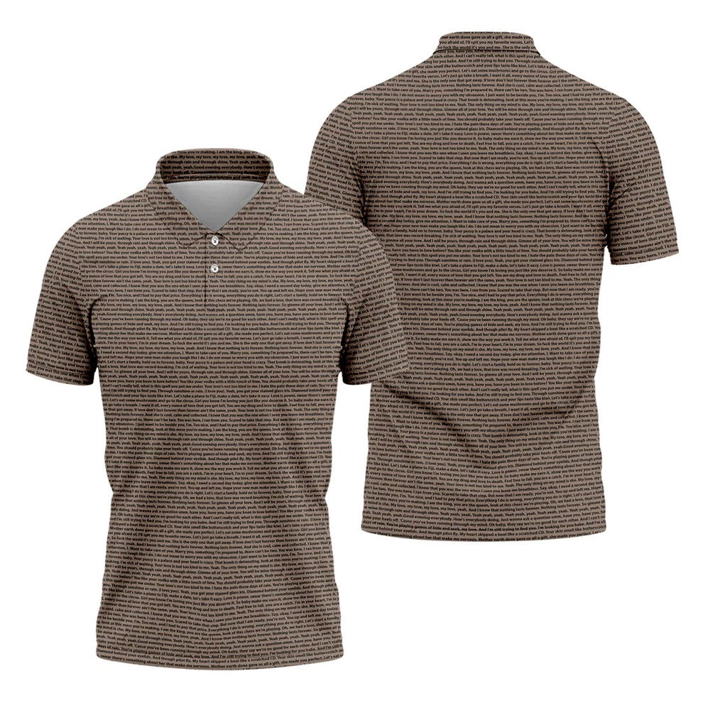 Cream Text Pattern Golf Polo Shirt, Golf Shirts For Men, Printed Golf Shirts