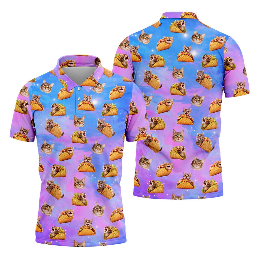 Funny Taco Cat Galaxy Pattern Golf Shirt, Mens Golf Apparel, Polo Shirts For Men