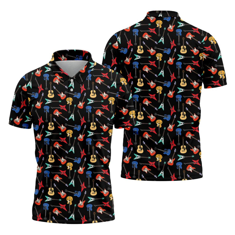 Guitar Pattern Hawaiian Golf Shirt, Music Lover Men's Golf Shirt, Polo Shirts For Men