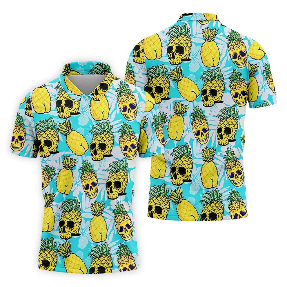 Tropical Pineapple Skull Pattern Golf Shirt, Mens Golf Shirts, Hawaiian Golf Shirt, Golf Apparel For Men