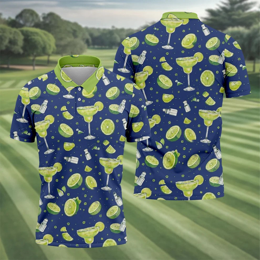 Margarita Cocktail Golf Shirt, Tropical Lime Drink Pattern, Golf Shirt For Men