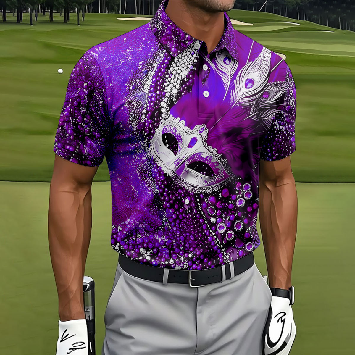 Mardi Gras Masquerade Mask Feather Beads Purple Golf Shirt, Polo ShirtFor Men, Golf Shirts For Men