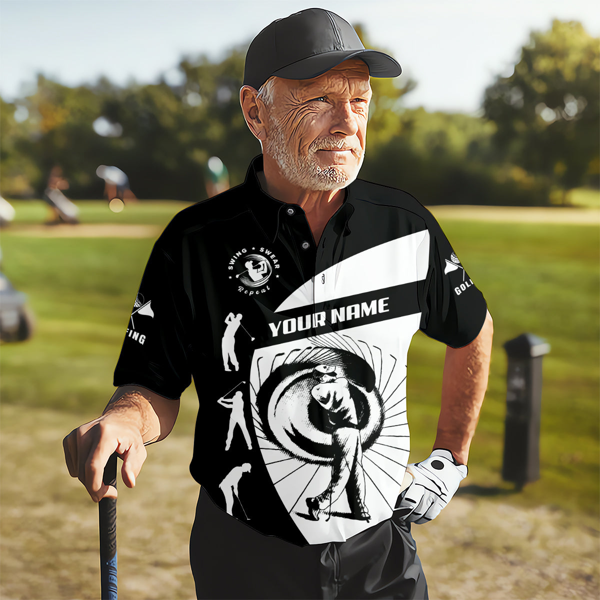 Swing Swear Repeat Custom Funny Golf Polo ShirtDad Golf Gifts