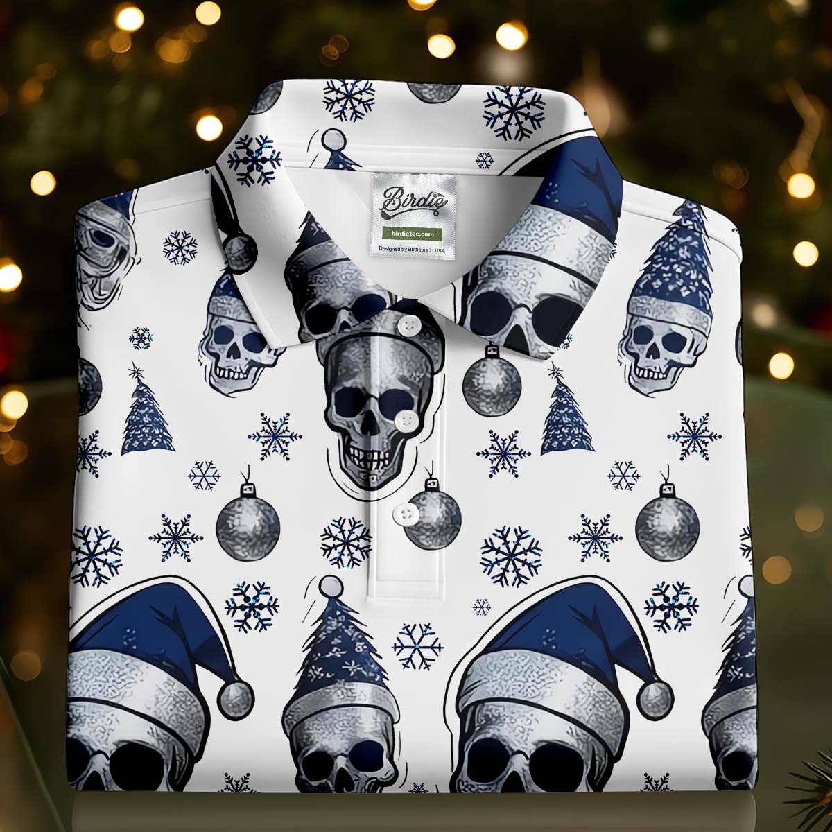 Vintage Skull Christmas Golf Shirt, White Polo Shirt, Cool Golf Gift, Golf Shirts For Men