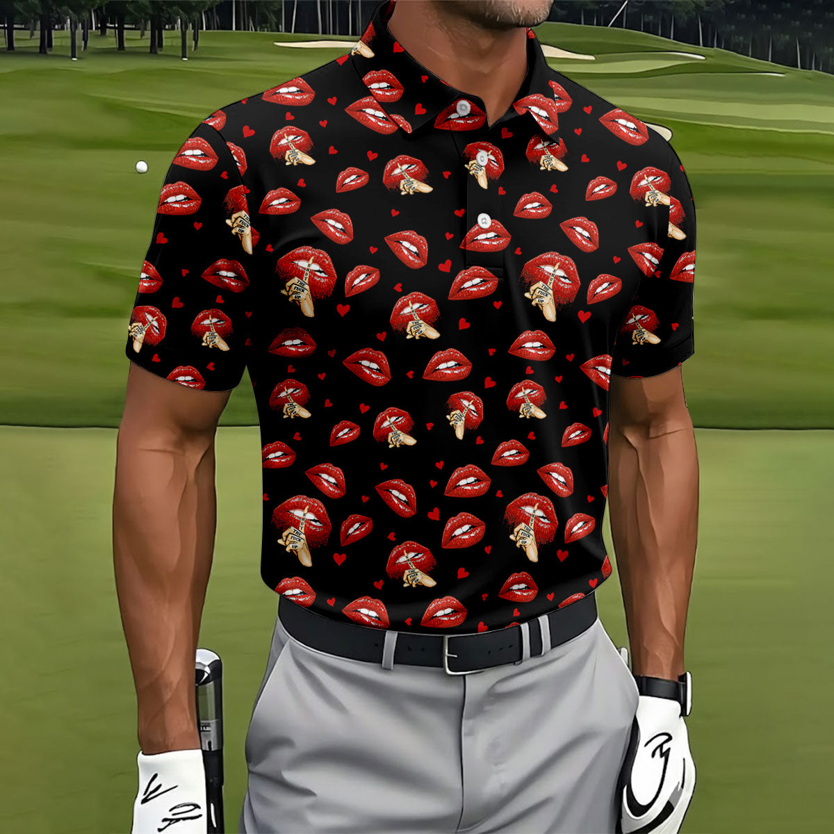 Sassy Red Lips Golf Shirt, Funny Valentine Pattern Design, Men's Golf Polo