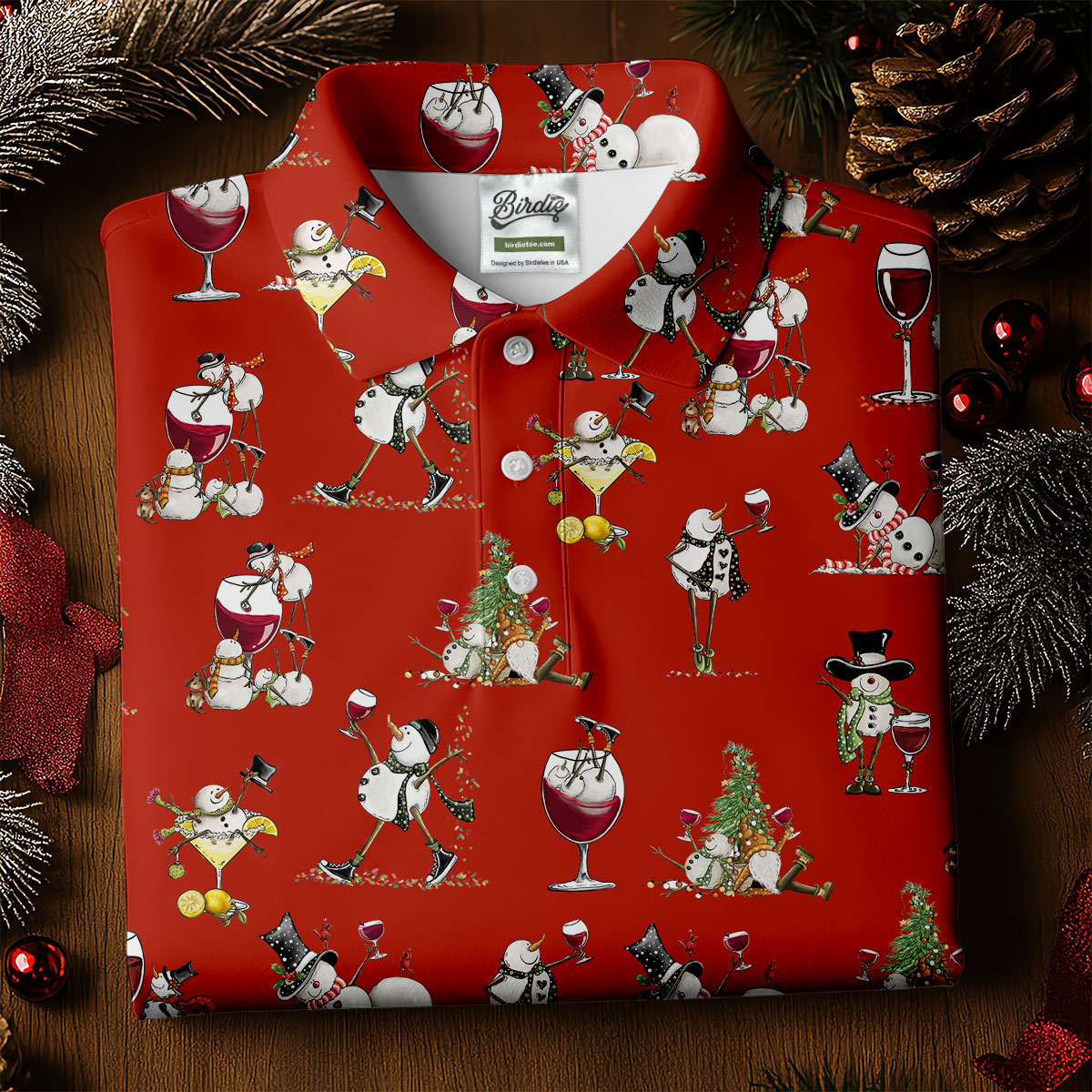 Funny Snowman Drinking Wine Red Golf Shirt, Christmas Golf Shirt, Polo Shirt Men, Golf Gift For Men