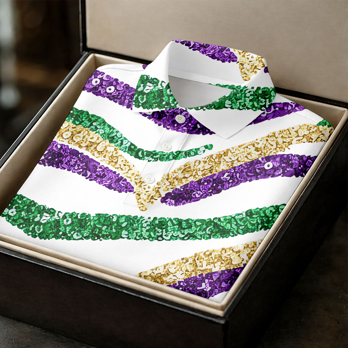 Purple Green Gold Sequin Pattern White Mardi Gras Golf Shirt, Polo ShirtFor Men, Golf Shirts For Men