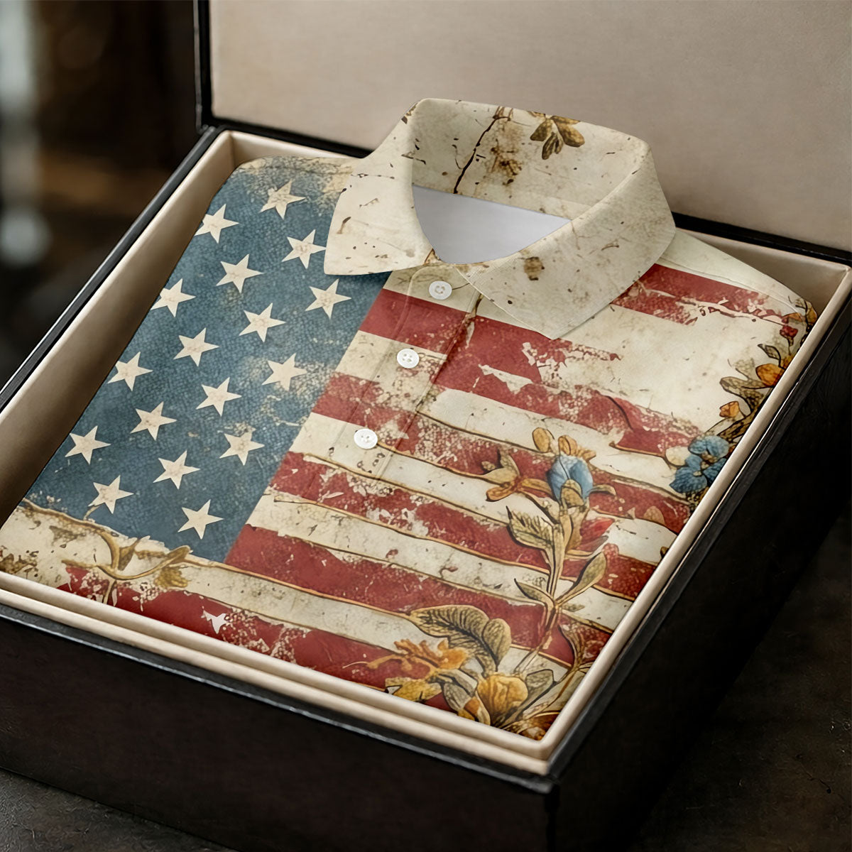 Floral American Flag Vintage Golf Shirt, 250 Years Patriotic 4th Of July Golf Shirts For Men