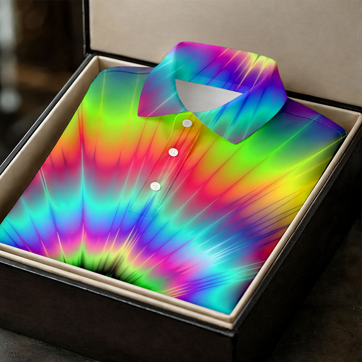 Rainbow Tie Dye Golf Shirt, Psychedelic Spiral Burst Pattern, Golf Shirt For Men