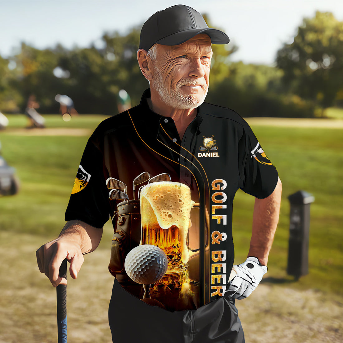 Happiness Is An Old Man With A Beer And A Golf Club Custom Funny Golf Polo ShirtDad Golf Gifts