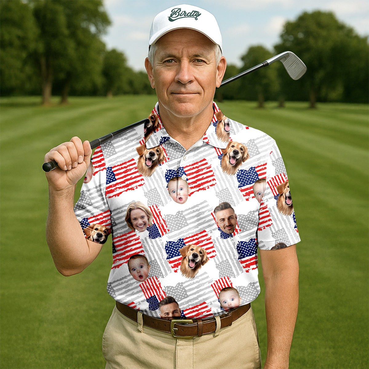 Custom American Flag Shirts With Faces, Funny 4th Of July Shirt, USA Golf Shirt, Men's Golf Polo Shirt