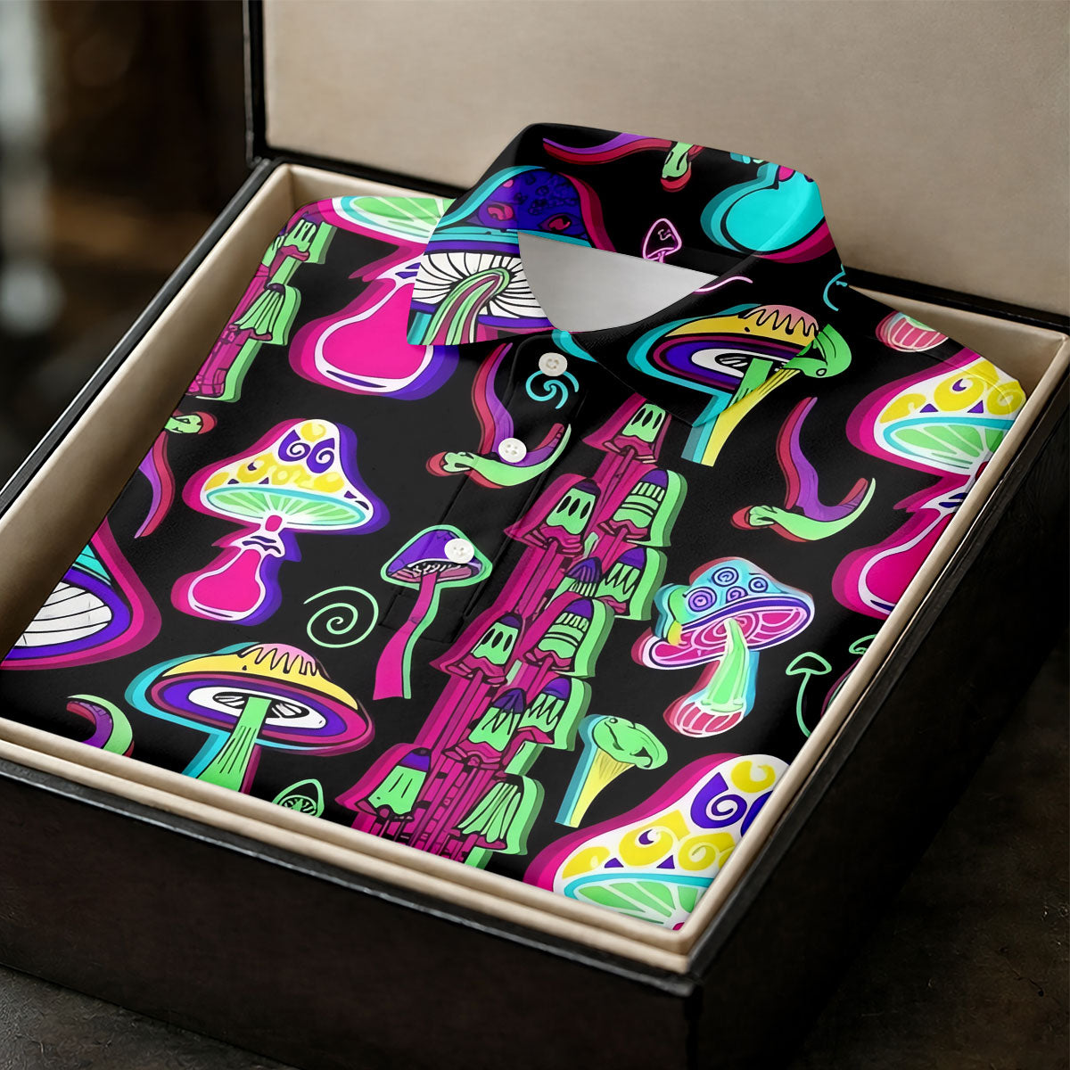 Black Neon Mushroom Pattern Golf Shirt, Mens Golf Polo, Golf Apparel For Men, Printed Golf Shirts