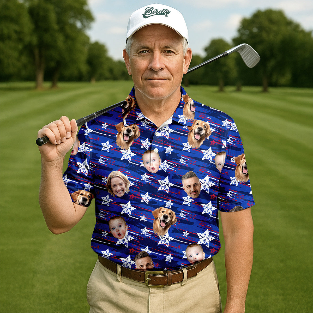 Independence Day Custom Shirts With Faces, Patriotic Golf Shirt, Men's Golf Polo ShirtUSA Golf Shirt