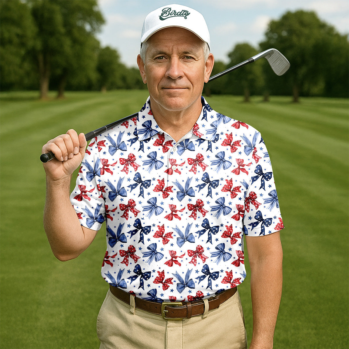 Red White & Blue Bows Shirt, Men's 4th Of July Shirts, Funny Mens Golf Polo ShirtGift For Golfing Dad