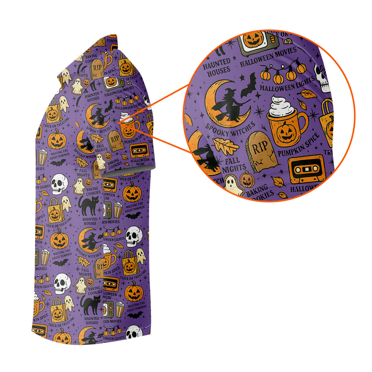 Purple Halloween Skull Golf Shirt, Spooky Cat, Mens Golf Polo Shirt Halloween Theme Shirts, Golfing Apparel