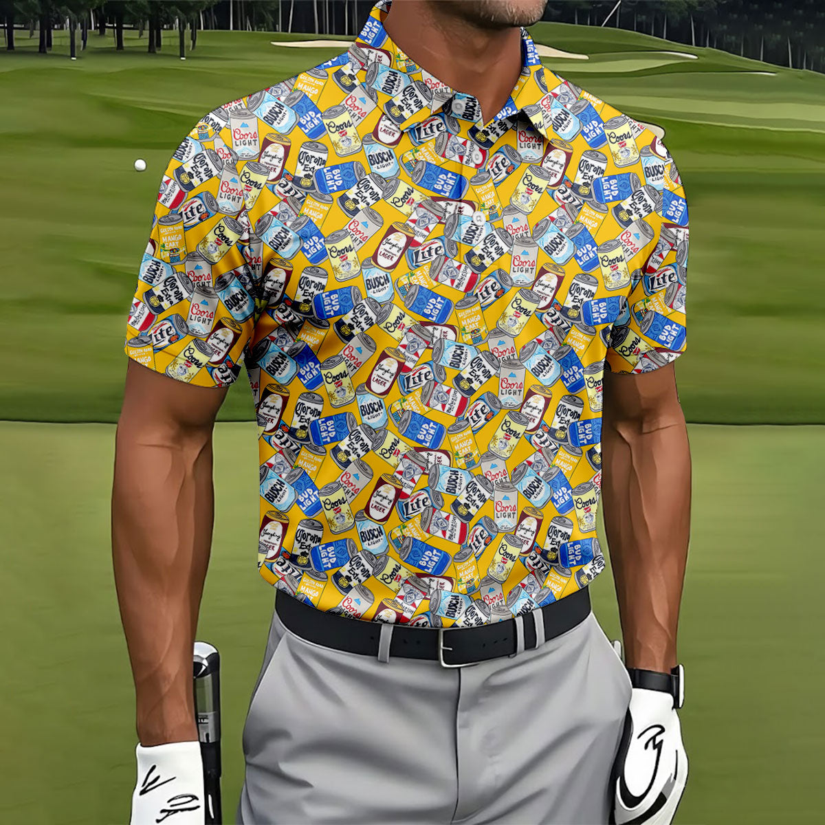 American Beer Cans Yellow Golf Shirt, Golf And Beer Polo ShirtFor Men, Golf Shirts For Men