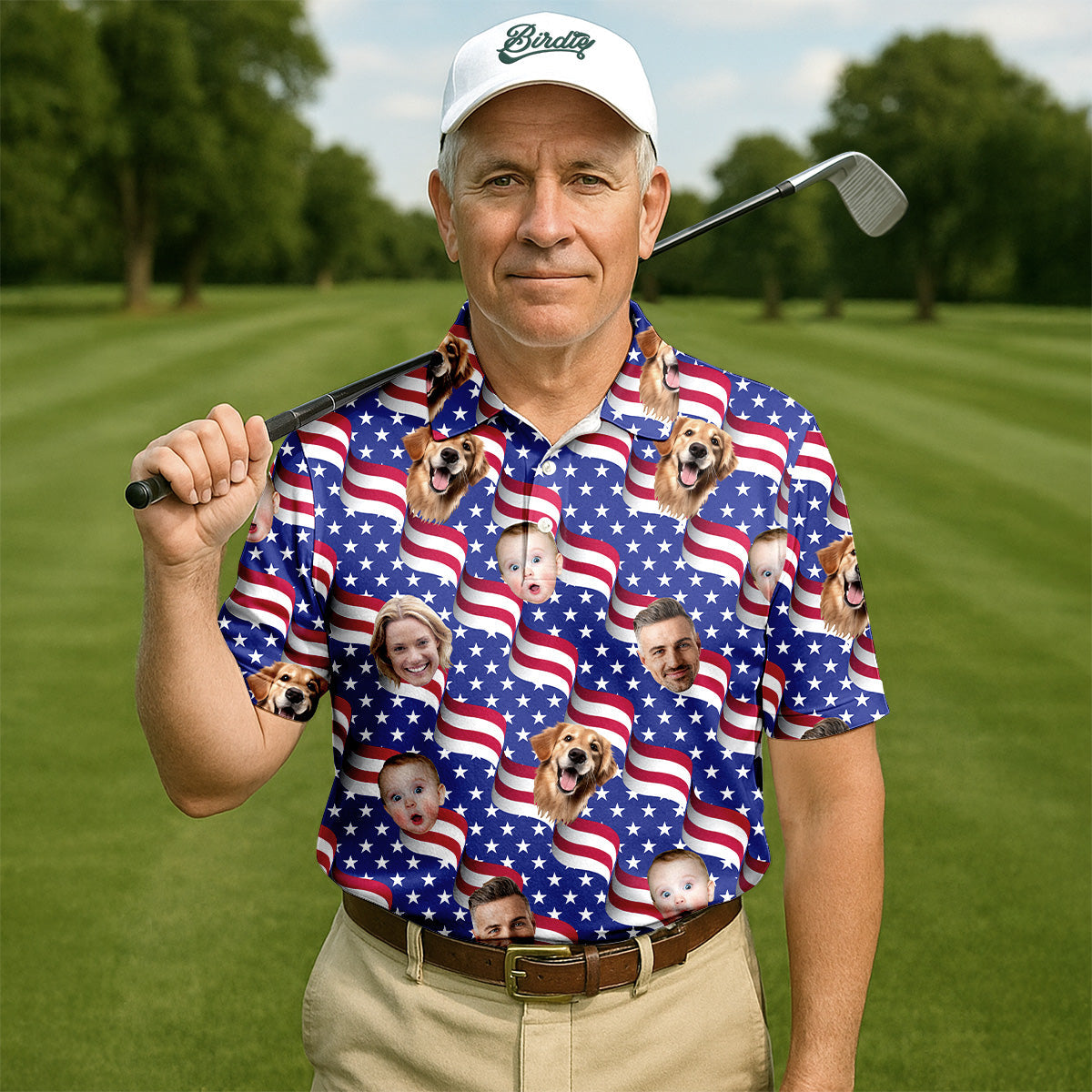 Funny 4th Of July Personalized Face Shirts, Men's Golf Polo ShirtPatriotic Golf Polo ShirtDad Golf Gift