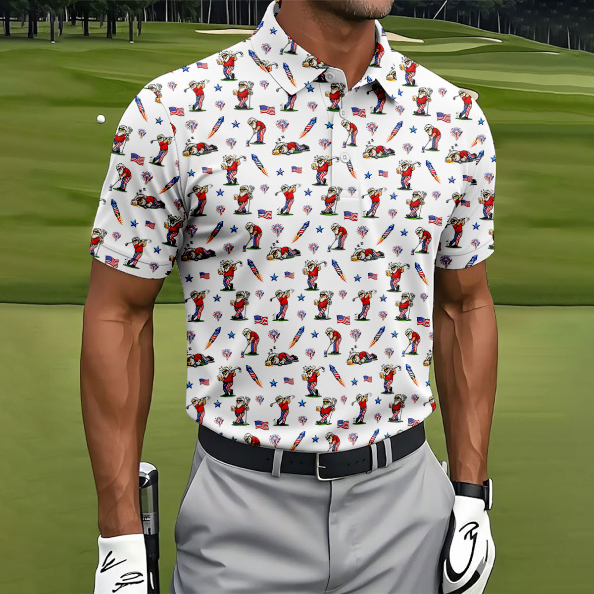 4th Of July Funny Man Golf And Beer USA Polo ShirtPatriotic Golf Shirt, 250th Anniversary Golf Shirts For Men