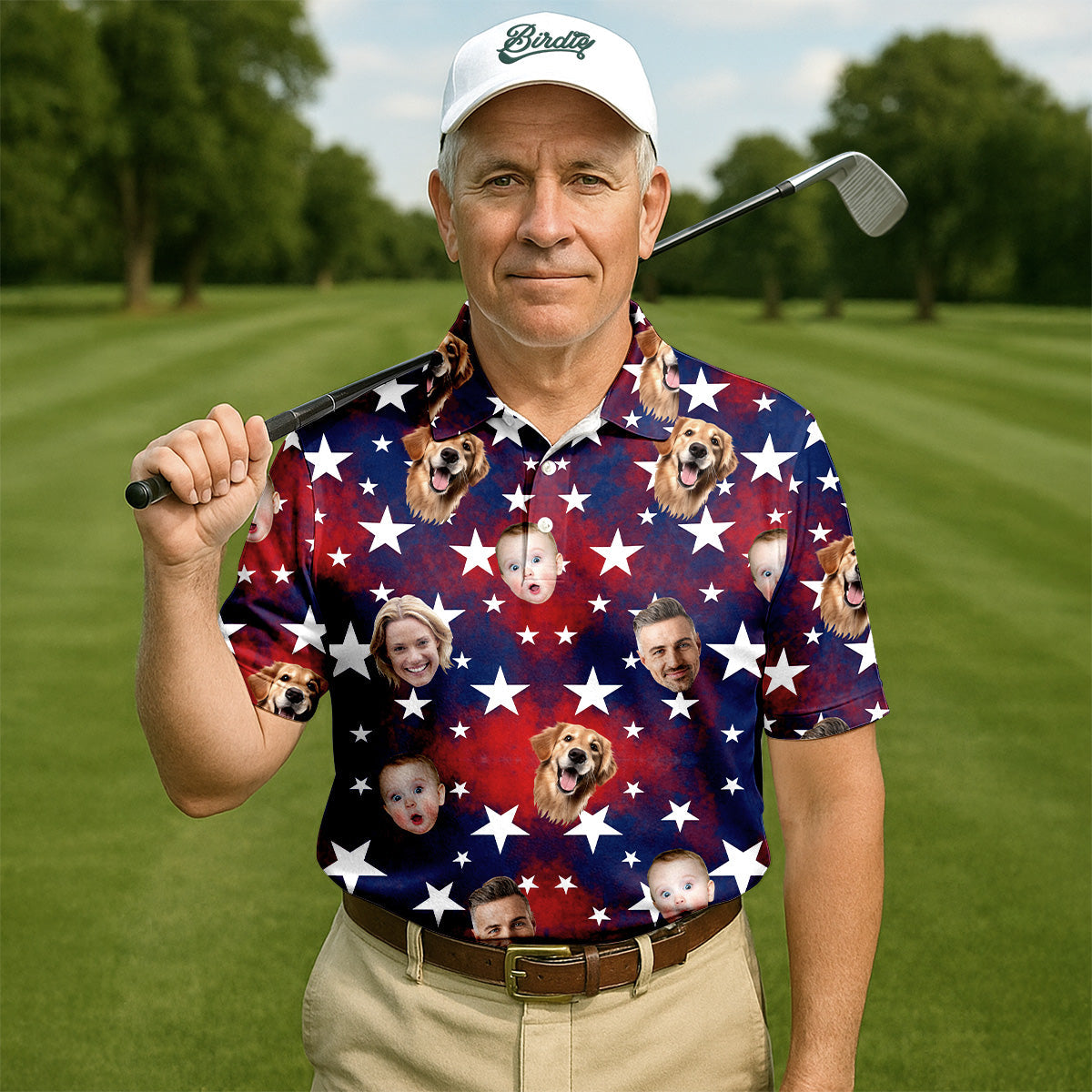 American Flag Personalized Face Shirts, Men's Golf Polo ShirtPatriotic Golf Polo Shirt4th Of July Shirt, Dad Golf Gift
