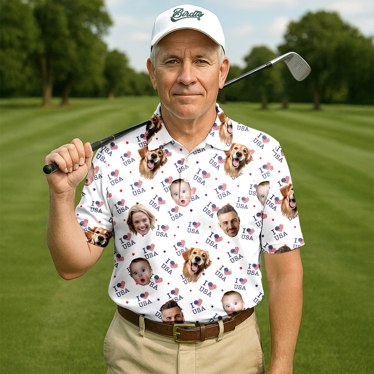 I Love USA Personalized Face Shirts, Men's Golf Polo ShirtPatriotic Golf Polo Shirt4th Of July Shirt, USA Golf Shirt
