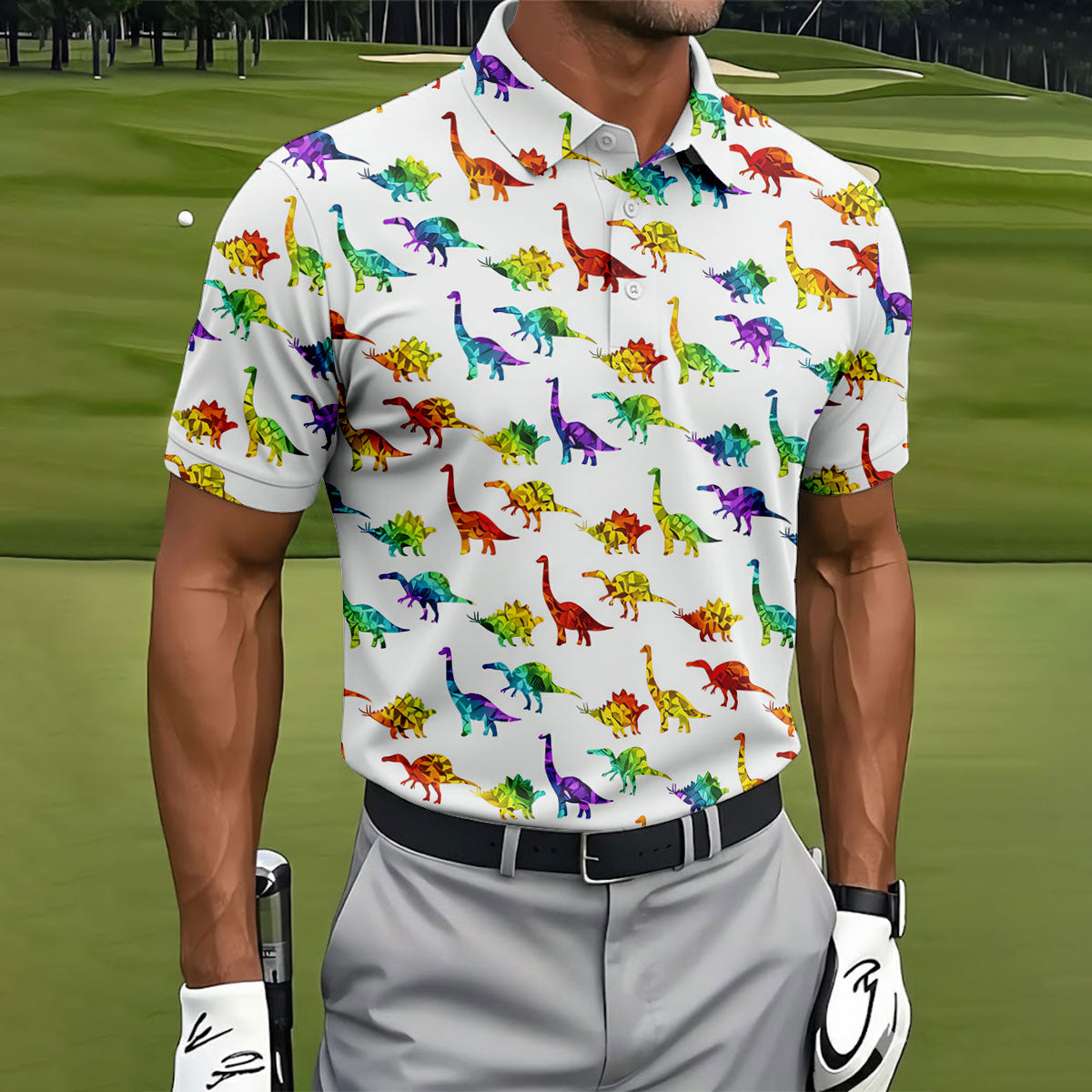 Colorful Dinosaur White Golf Shirt, Golf Tops For Men, Golf Shirts For Men, Polo ShirtFor Men