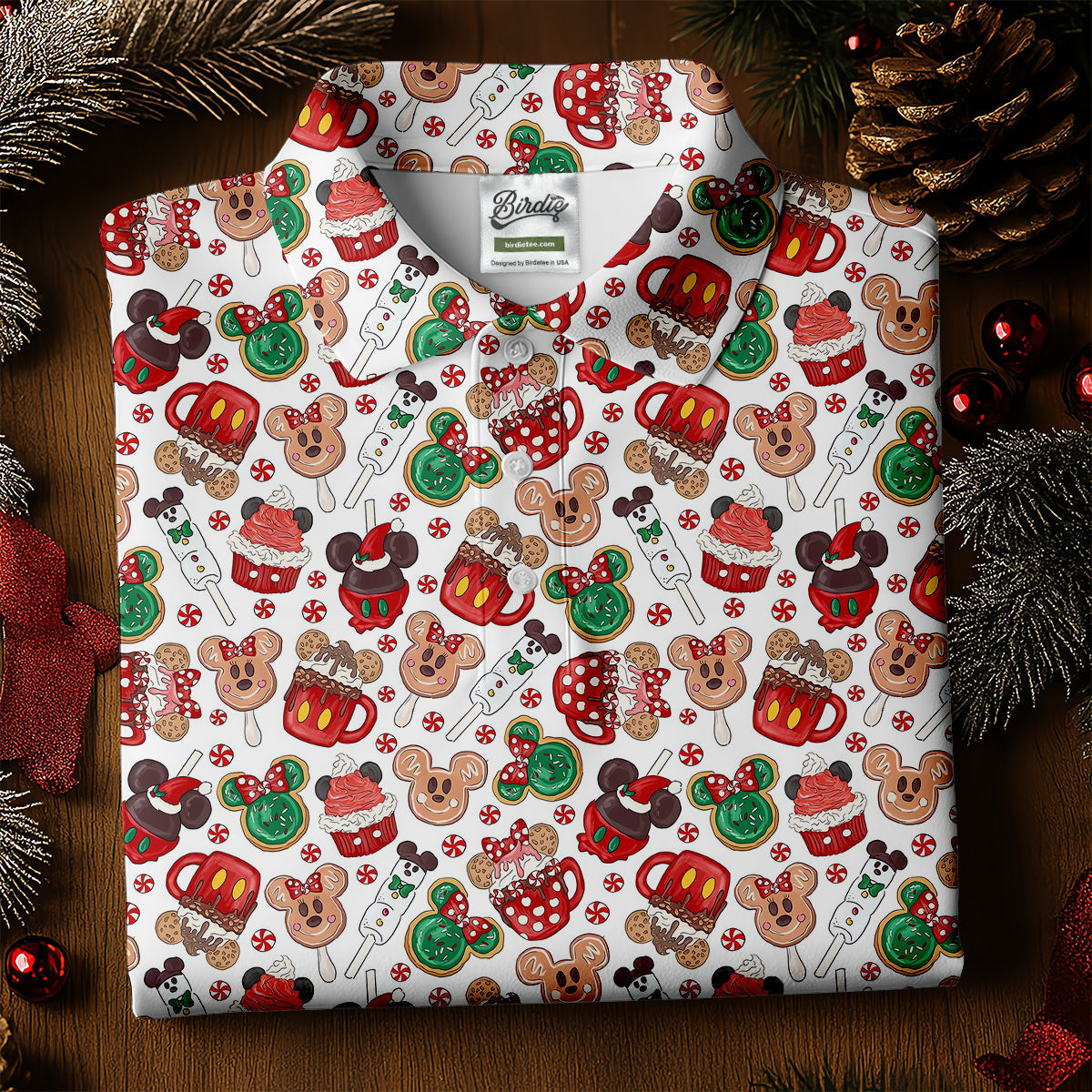 Cute Christmas Dessert Pattern Golf Tops For Men, Cartoon Character Polo Shirtor Men, Christmas Golf Shirt