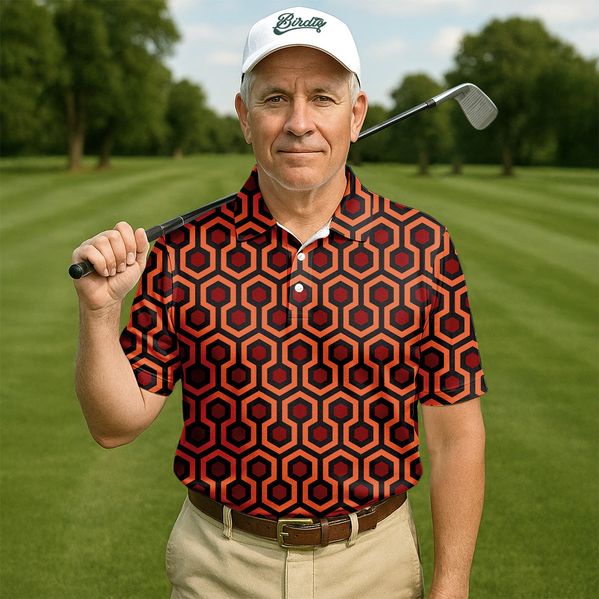 Spooky Hotel Carpet Horror Pattern Mens Golf Polo Shirt Pattern Golf Shirt, Halloween Golf Shirts, Golf Shirts For Men