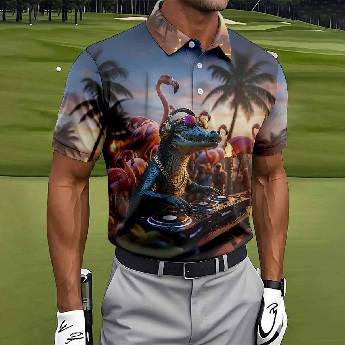 Funny Crocodile DJ Mardi Gras Festival Flamingo Golf Shirt, Polo ShirtFor Men, Golf Shirts For Men