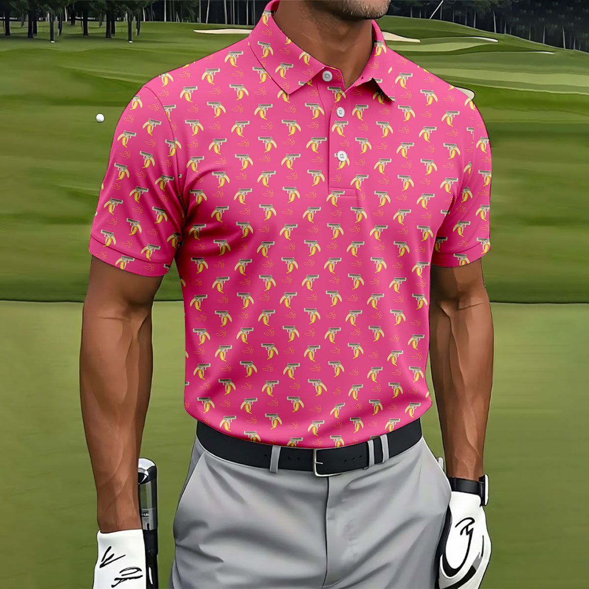 Funny Banana Hot Pink Golf Shirt, Golf Tops For Men, Golf Shirts For Men, Polo ShirtFor Men