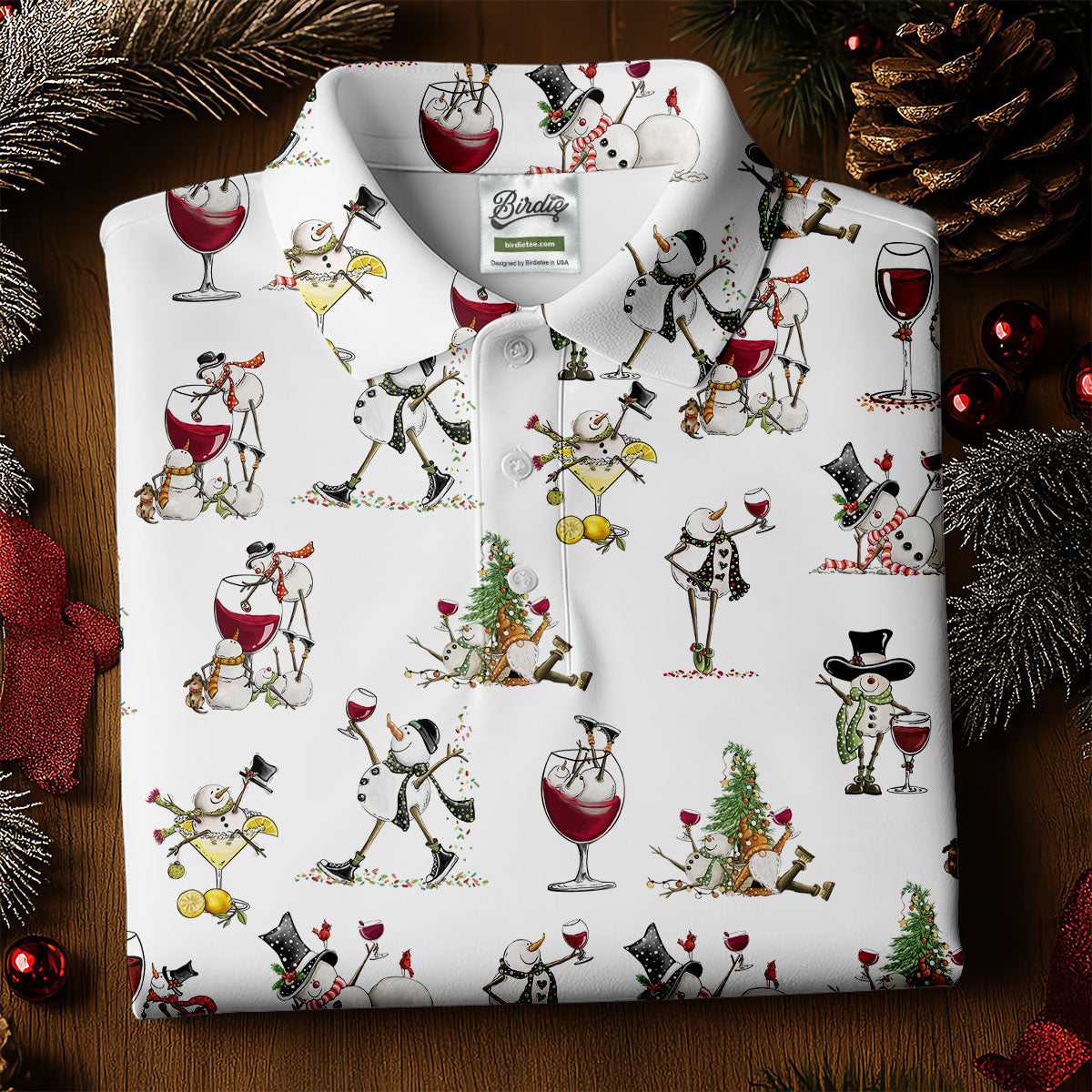 Funny Snowman Drinking Wine White Golf Shirt, Christmas Golf Shirt, Polo ShirtFor Men, Golf Gift For Men