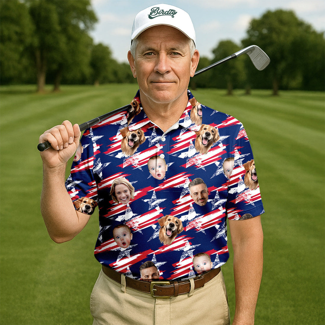Independence Day Custom Shirts With Face, Men's Golf Polo Shirtmerica Flag Golf Shirt, USA Golf Shirt