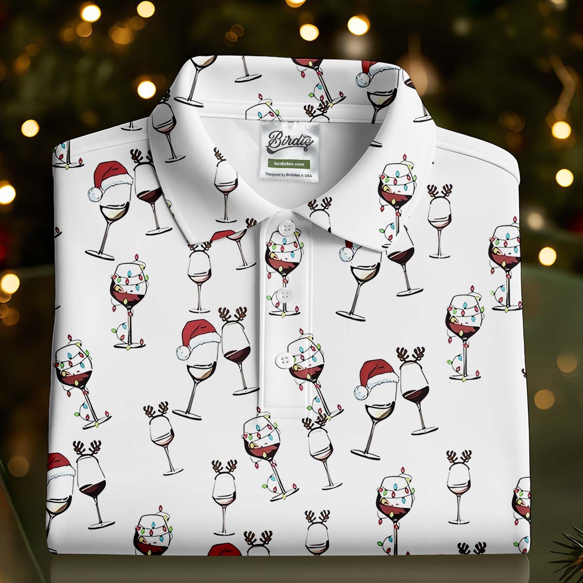 Christmas Wine Glass With Colorful Lighting White Golf Shirt, Christmas Golf Shirt, Polo ShirtFor Men