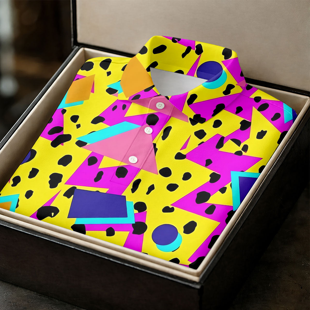 Retro Neon Geometric Shapes Yellow Golf Shirt, Golf Shirts For Men, Mens Golf Apparel, Polo Shirts For Men