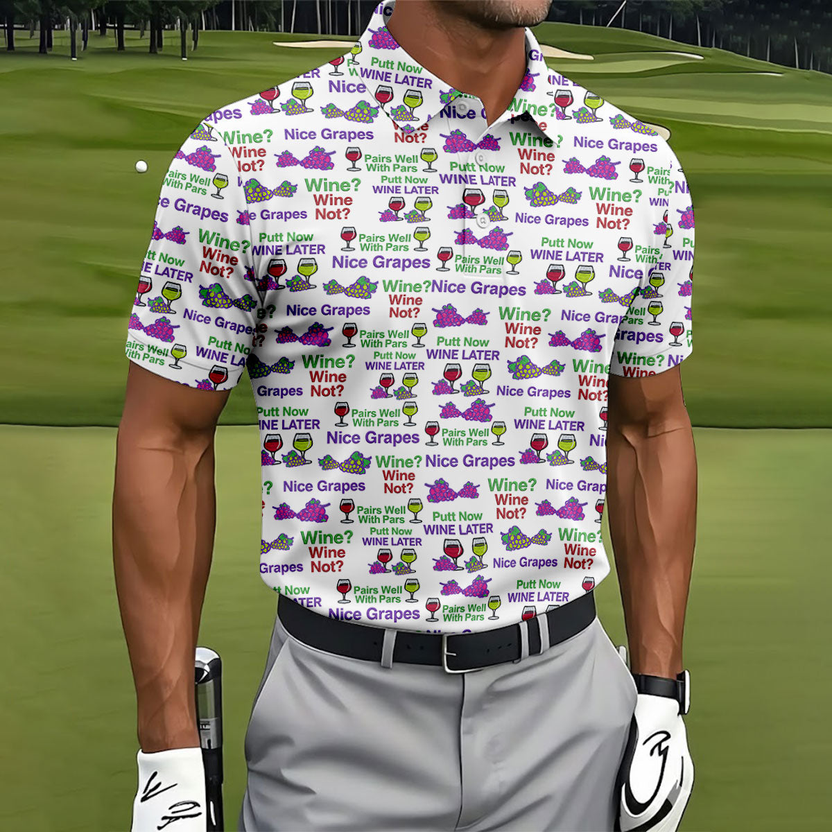 Wine Lover Golf Shirt, Grape Humor Print, Golf Shirts For Men