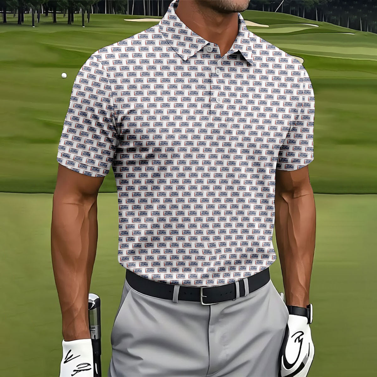 White New York Assman Pattern Polo Shirt, Mens Golf Shirts, Hawaiian Golf Shirt, Golf Polo Shirts For Men