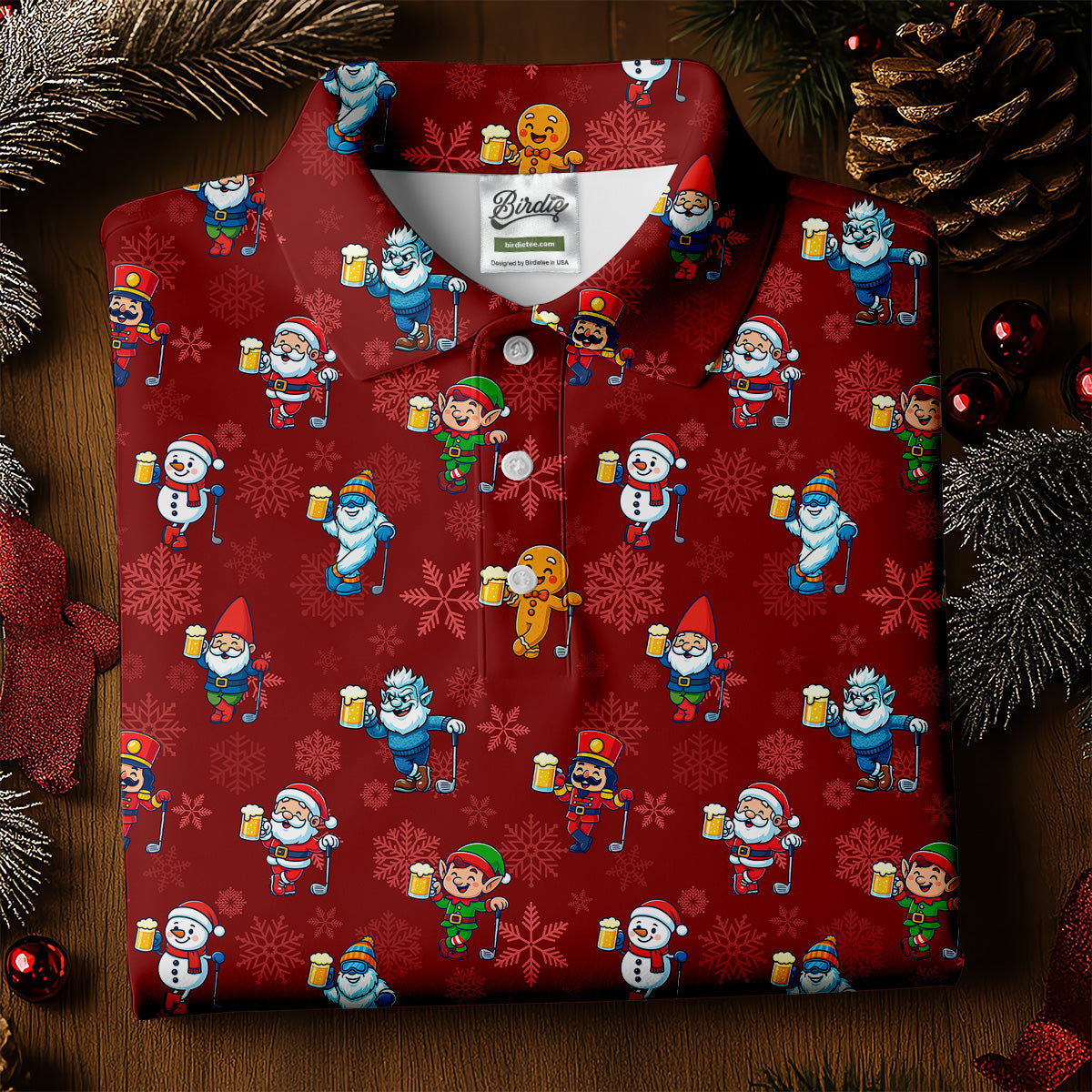 Christmas Characters Golf And Beer Red Men's Funny Golf Shirts, Christmas Golf Shirt, Polo ShirtFor Men