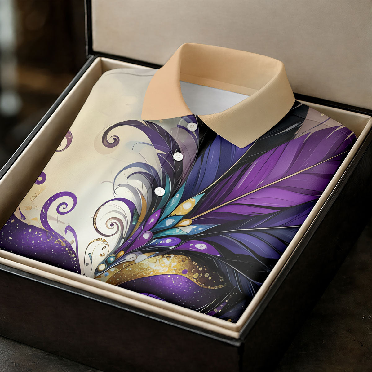 Feather Mask Mardi Gras Golf Shirt, Purple And Beige Golf Shirts For Men, Polo ShirtFor Men
