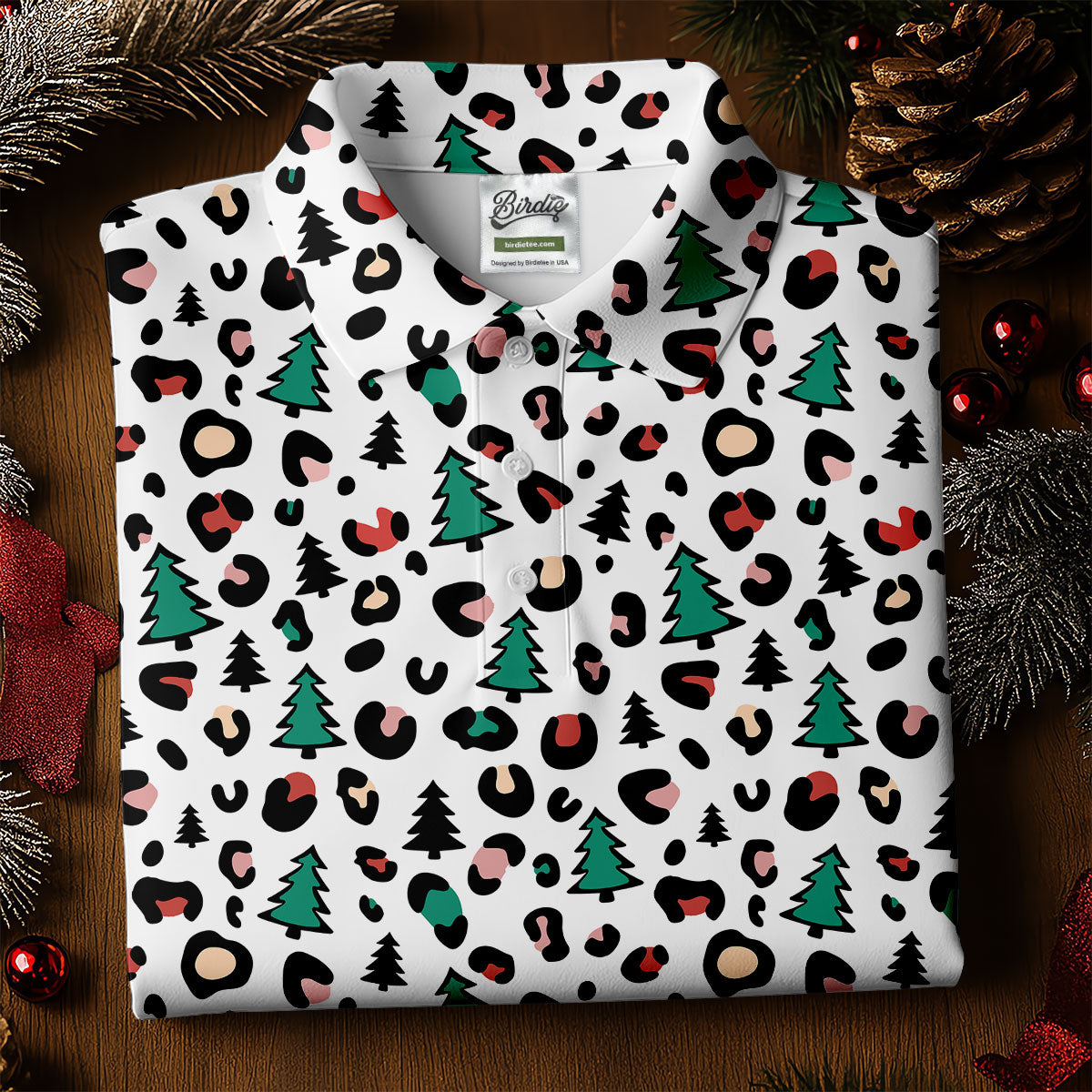 Leopard Pattern Xmas Pine Tree Golf Tops For Men, Christmas Golf Shirt, Cute Golf Outfit, Polo ShirtFor Men