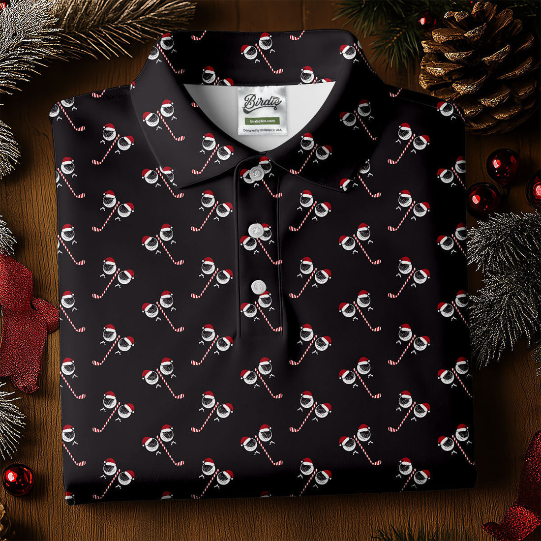 Funny Christmas Candy Cane Pattern Black Golf Shirt, Polo ShirtFor Men, Christmas Golf Shirt