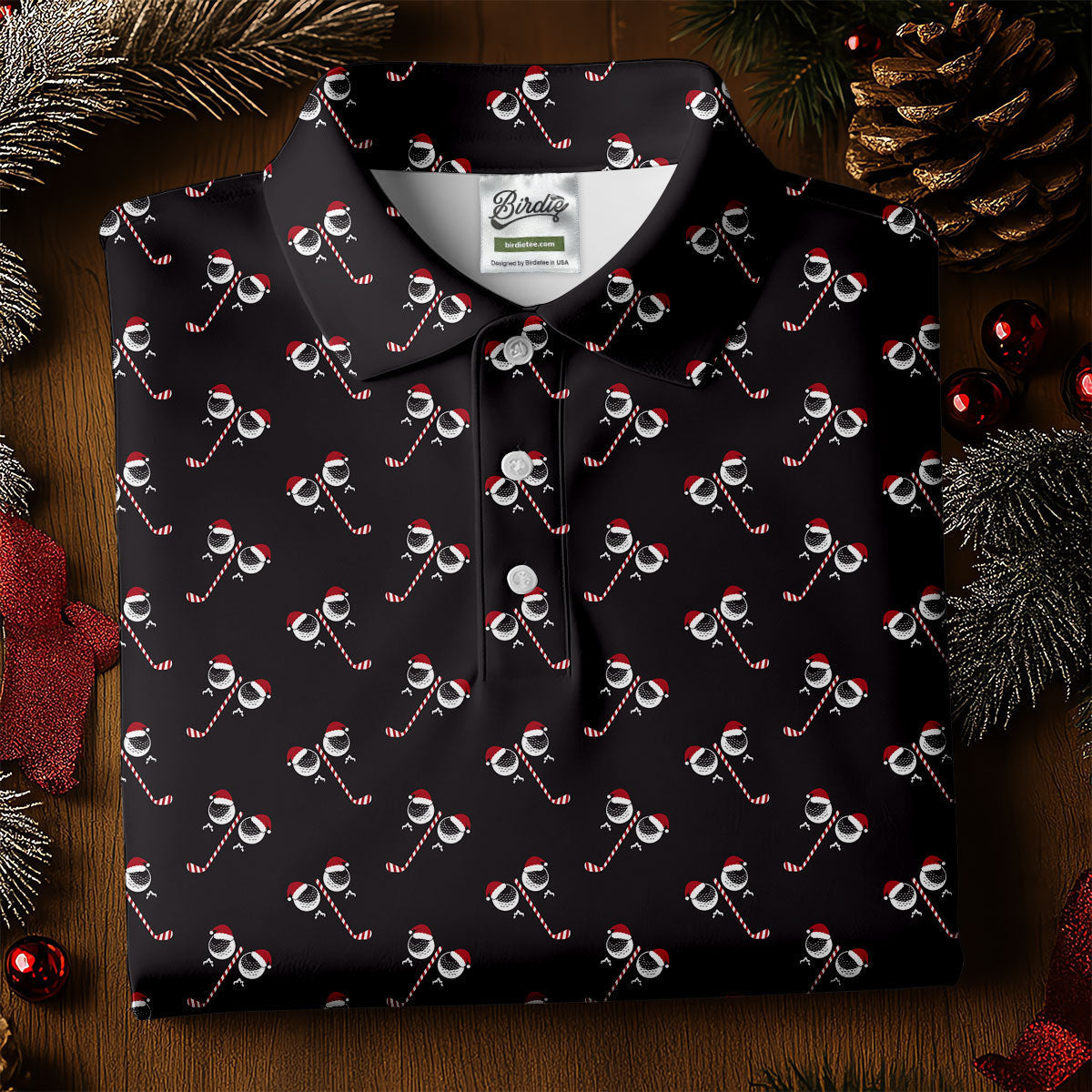Funny Christmas Candy Cane Pattern Black Golf Shirt, Polo ShirtFor Men, Christmas Golf Shirt